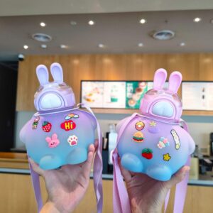 Lovely rabbit plastic water bottle students portable strap