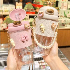 Fashion Plastic Water Bottle For Girls With Leather Sleeve And Strap Straw Drinking Bottle