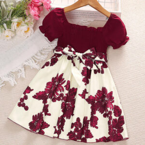 Summer Girls Dress 4-7 Years Casual Short Sleeve Printed Flower Baby Skirts