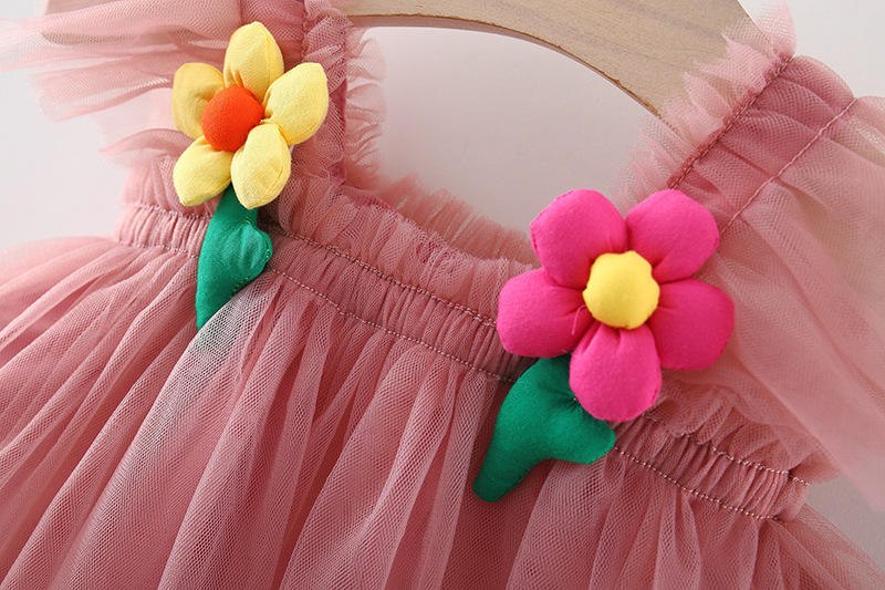 Summer New Solid Mesh Flower Decorative Strap Party Princess Girls' Dress - Image 4