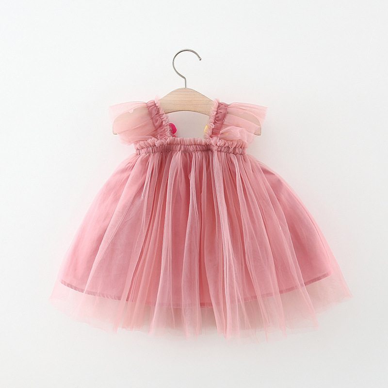 Summer New Solid Mesh Flower Decorative Strap Party Princess Girls' Dress - Image 3