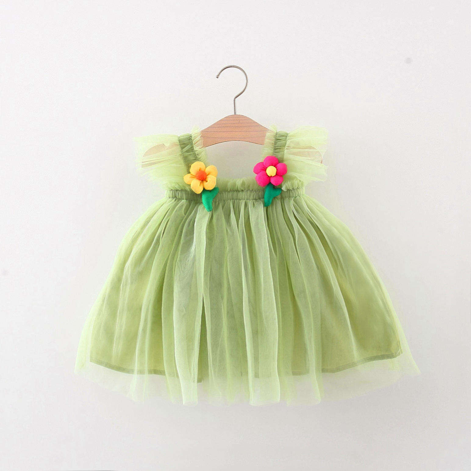 Summer New Solid Mesh Flower Decorative Strap Party Princess Girls' Dress - Image 2