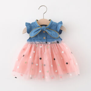 Girls' Summer New Little Flying Sleeve Dress Children's Cute Bow Denim Splice Gold Plated Mesh Ponchy Skirt