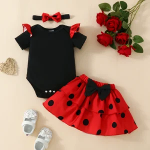 2pcs Baby Girls Childlike Polka Dot Ladybug Romper Set Casual