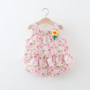 2Piece Summer Toddler Girl Summer Outfit Korean Baby Clothes Fashion Cute Flowers Sleeveless Cotton T-shirt+Shorts Set BC384