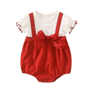 Newborn round neck pure cotton red fake two piece suat