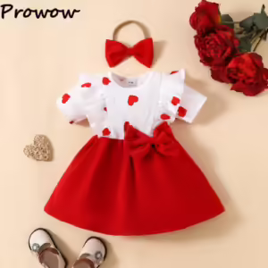 2pcs Baby Girl Heart Print Ruffled Short sleeve Faux two Bow Front Dress & Headband Set Soft